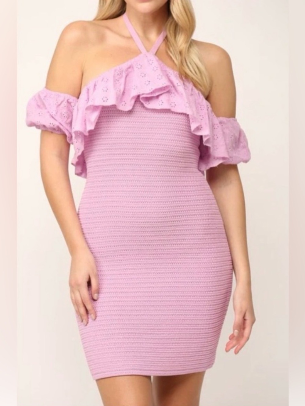 NWT Off-Shoulder Crochet Knit Eyelet Ruffle Halter Bodycon Lavender Dress Sz S